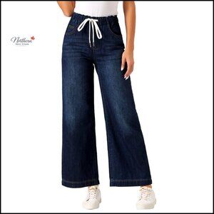 Wide Leg Denim Pants Elastic Waist Drawstring Casual Jeans Regular Fit